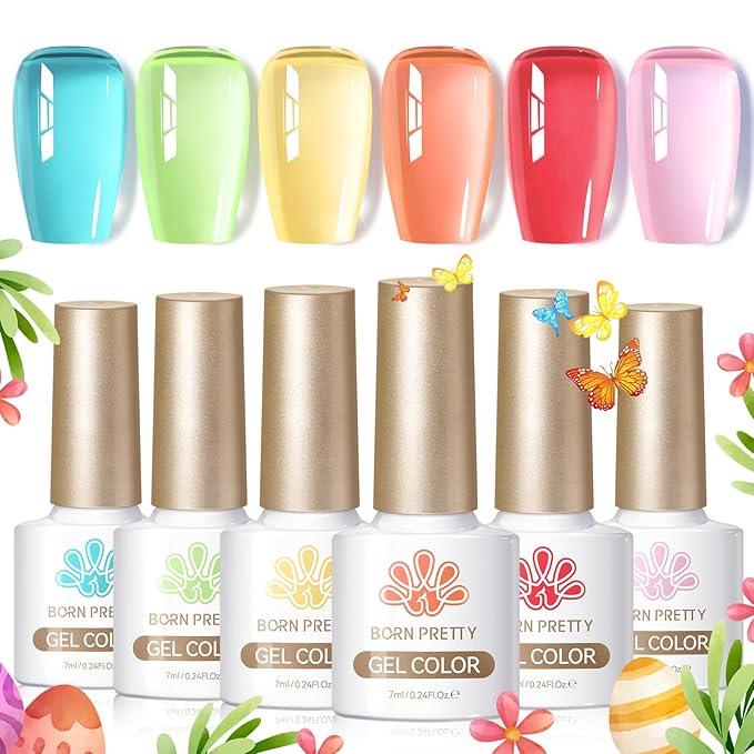 Born Pretty Pastel Jelly Gel Nail Polish Set Spring Summer Easter Gel Polish Crystal Glass Translucent Blue Green Yellow Pink Red Soak Off U v Gel Polish 7ML 6PCS