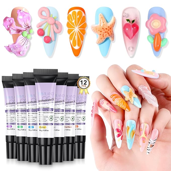 SAVILAND 3D Nail Gel Set: 12 Colors No-Wipe 3D Sculpting Gel for Nail Art Design, Soft Molding Carving Sculpture Gels for Home DIY & Salon Use