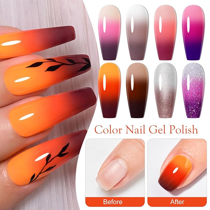 MEET ACROSS Mood Gel Nail Polish Set Temperature Color Changing Gel Colors Collection Red Pink Purple Glitter Brown Gold Gel Polish Soak Off 8 Colors Holiday Gifts Salon DIY at Home