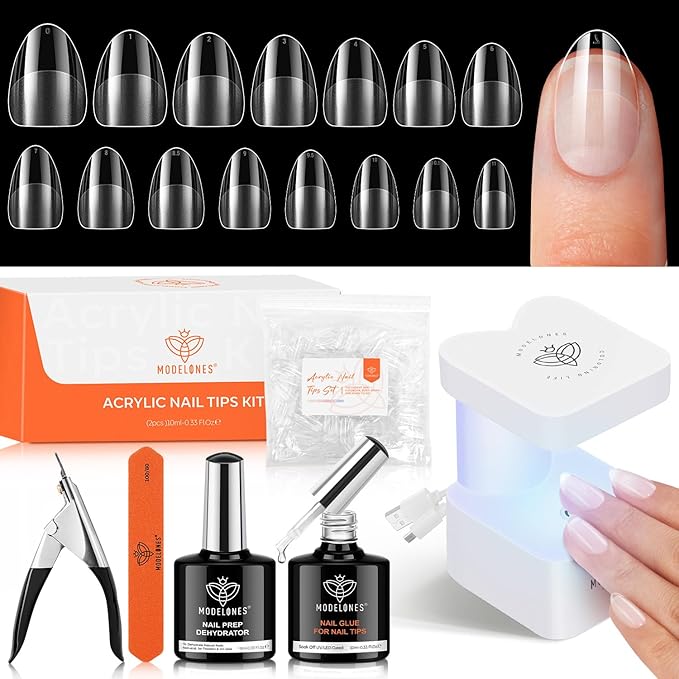 modelones X Nail Gel Kit Almond, Upgraded 15Sizes Fake Nails 510Pcs, 9-in-One Glue Prep Dehydrator & Portable Mini U V Light Acrylic Clipper, Extra Short Almond Press on Tips Extension Kit