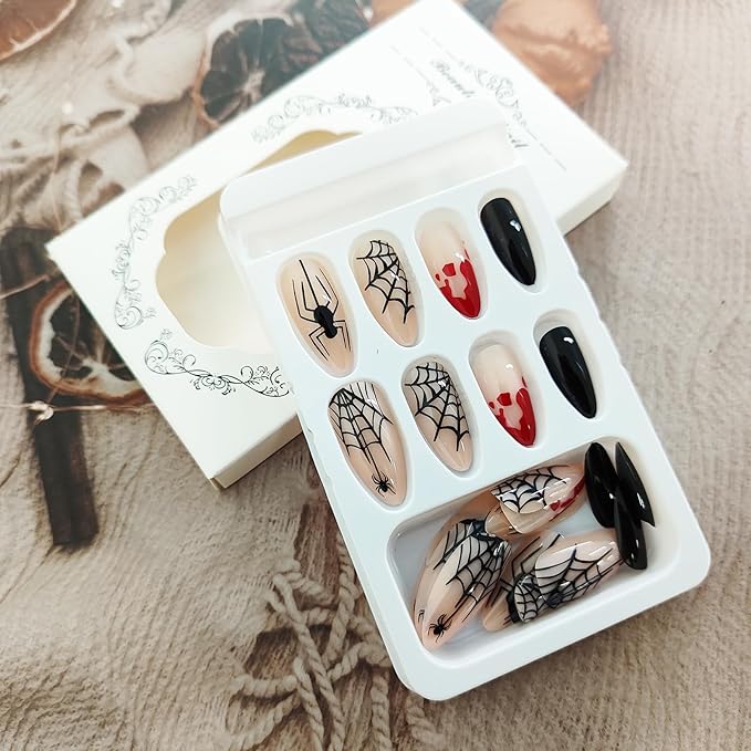 Halloween Press On Nails, Medium Almond Spider & Spider Web Acrylic Nails with Blood Drop Design, Full Cover Glossy False Nails, Stick On Jelly Press On Nails for Women & Girls, 24 Pcs