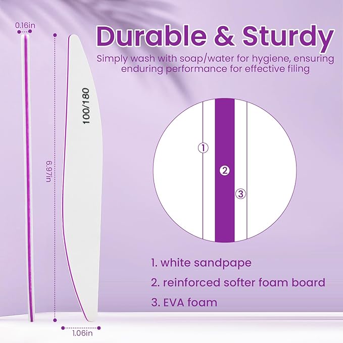 10PCS Nail Files 100/180 Set Grit Double Sided for Natural and Acrylic Nails Professional Fingernail Emery Boards and Shine Kit Supplies for Salon and Home Tech