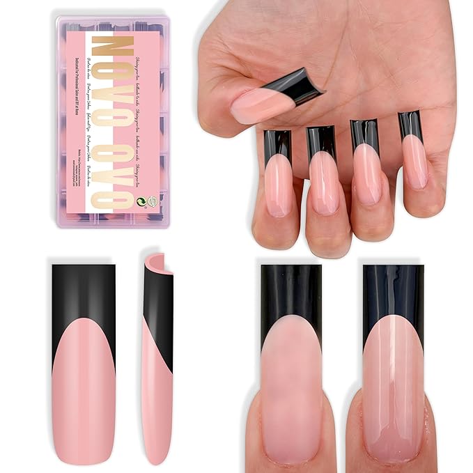 NOVO OVO Soft Gel Nail Tips Long Square - Black French Tip on Baby Pink Base, 180Pcs Full Cover False Nails for Gel X Extension, Sharp Shape Pre-Designed Press on Nails for DIY Home Salon (15 Sizes)