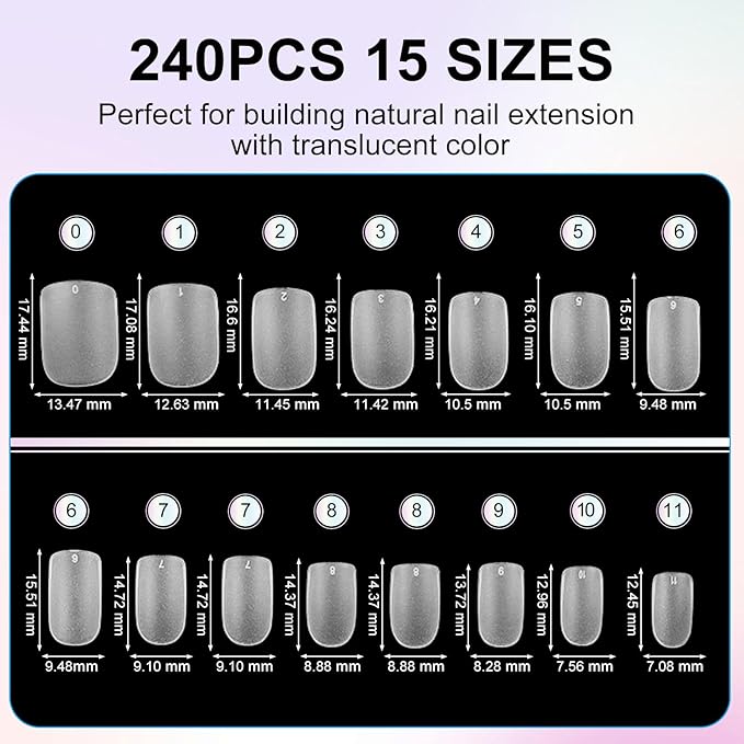 Extra Short Square Nail Tips, 240Pcs Double-Sided Matte Flexible Gel Fake Nails, No File Full Cover Clear Press on Nails for Nail Extension, Manicure, Home DIY, Salon, 15 Sizes, Natural Fit