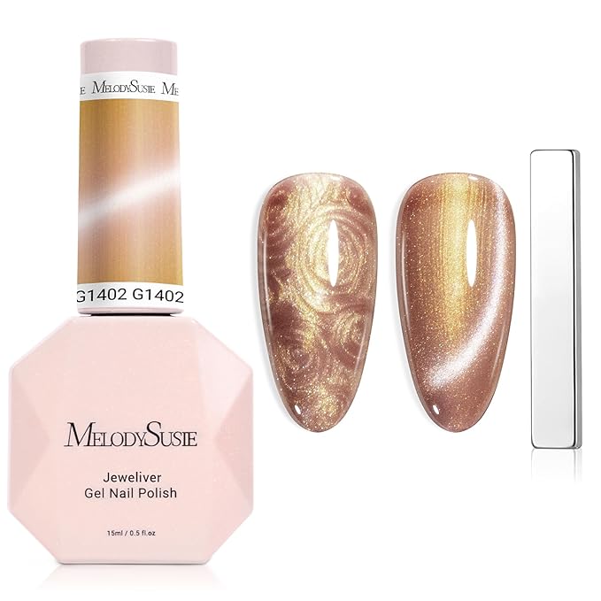 MelodySusie Pearl Cat Eye Gel Nail Polish, 0.5 Fl Oz Gold Glitter Holographic Magnetic Nail Polish with Magnet, UV Nail Polish for Nail Art Manicure Salon DIY at Home G1402
