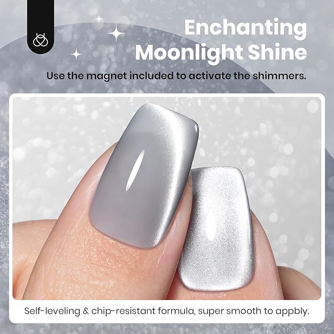 Beetles Gray Cat Eye Gel Nail Polish - 15ML Dark Gray Glass Cat Eye Glitter Gel Polish with Magnet Shimmer Sheer Soak Off UV Moonlit Dew Collection Nail Art Design Manicure Gifts for Women