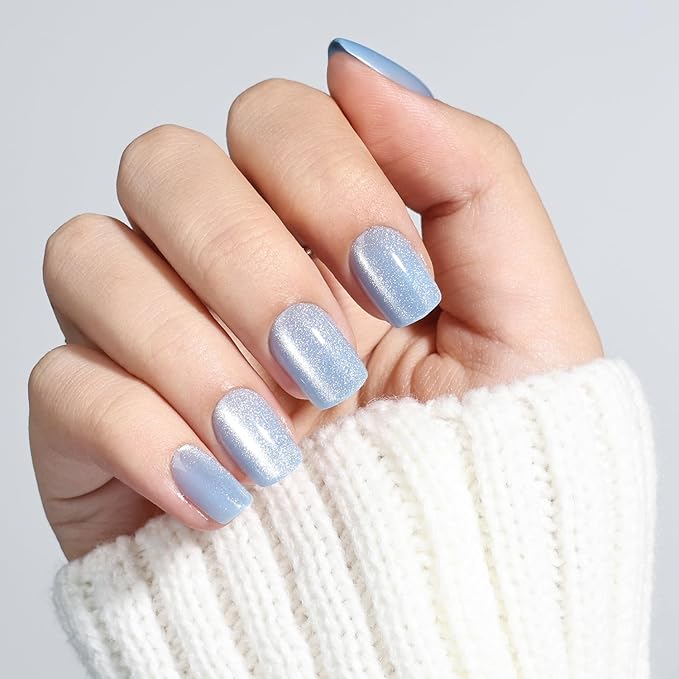 Press On Nails, Short Square Blue Press on Nails Arctic Glazed Nails Press Ons for Women DIY Fake Nails Kit with Glue, Glossy Reusable Glue on Nails Short in 15 Sizes - 30pcs, Arctic Glaze