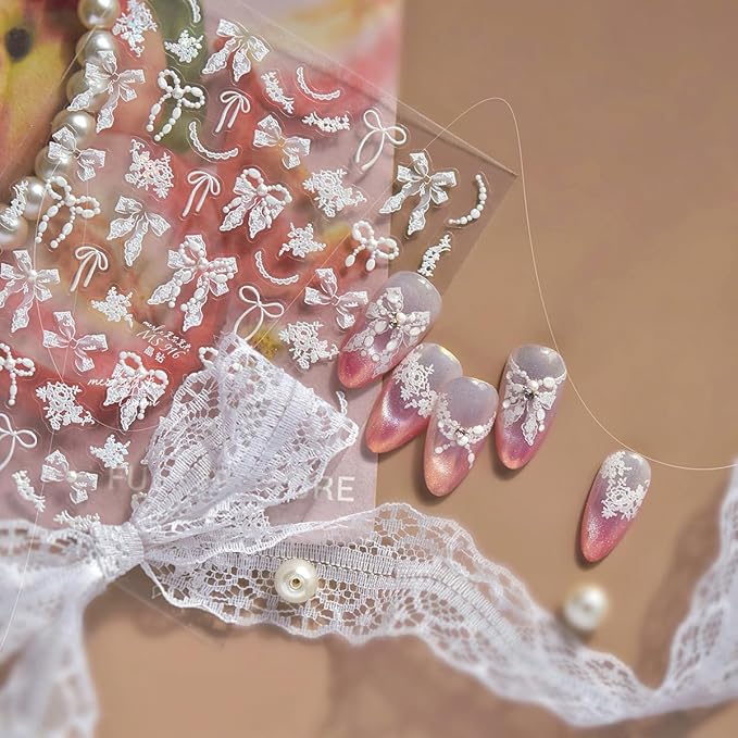 1Pcs 5D Bow Nail Art Stickers Decals Self Adhesive Valentines Nail Decals with Pearl Design Ribbon Bow Nail Stickers Embossed Cute Stickers Wedding Nail Supplies Decorations for Women Holiday Manicure