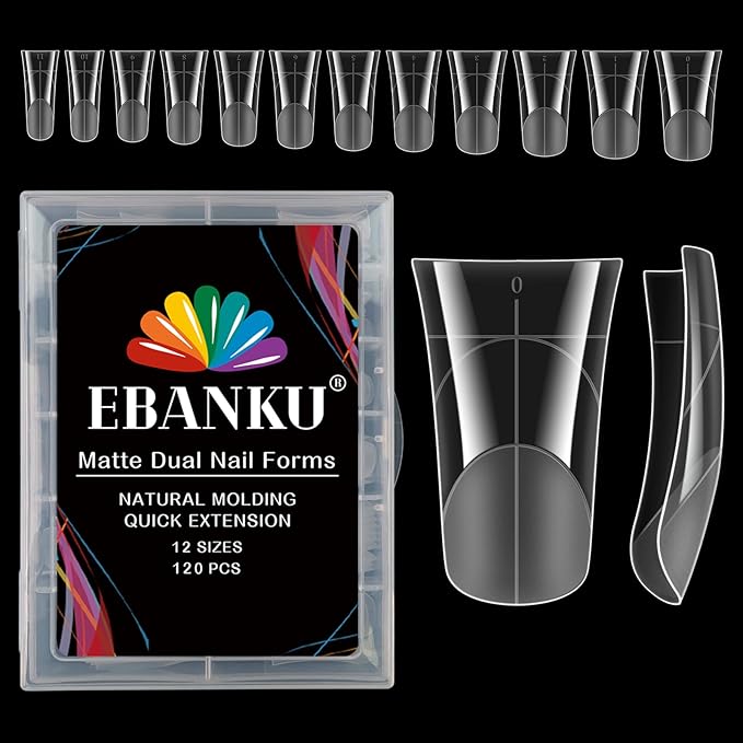 EBANKU Duck Nail Dual Forms for Poly Nail Extension, 120PCS Medium Length Duck Nail Tips Reusable Full Cover French Tip Molds for Builder Gel Nail Art Design Salon&DIY, 12 Sizes