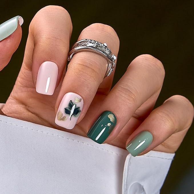 CurvLife Soft Gel Short Press On Nails Square, Long-Lasting Reusable Fake Nails Kit with Glue & Tabs, 30pcs Salon-Quality Stick On Nails for Women At-Home Manicure (Leaf Whisper)
