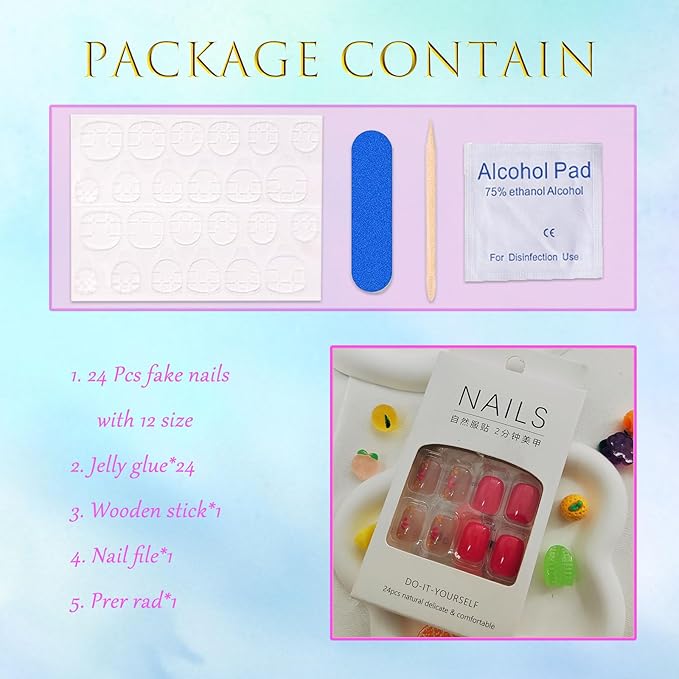 Square Press on Nails Short Fake Nails Rose Red Yellow Flowers Design Glue on Nails Flower Acrylic Nails Press ons Rose Red Full Cover False Nails Glossy Stick on Nails for Women Girls 24 Pcs