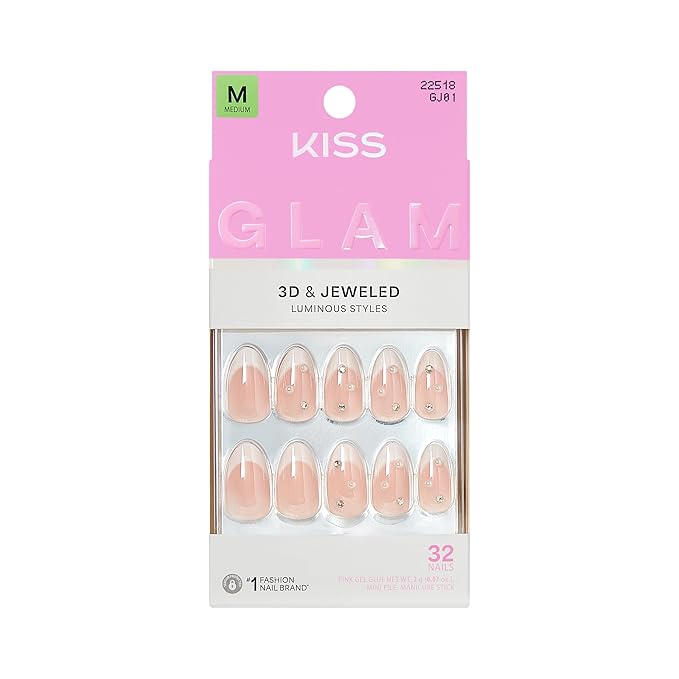 KISS GLAM, Press On Nails, Nail glue included, 'Serendipity Awaits', White, Medium Size, Almond Shape, Includes 32 Nails, 2g Glue, 1 Manicure Stick, 1 Mini File