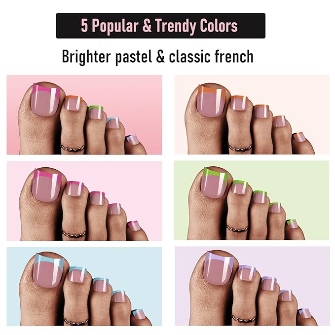 Toe Nail Press Ons, French Tips Toe Press On Nails, 150pcs Square Pre-Designed Soft Gel Thick False Toenail Extension, 5 Colors Full Cover Acrylic Nails for DIY 15 Sizes