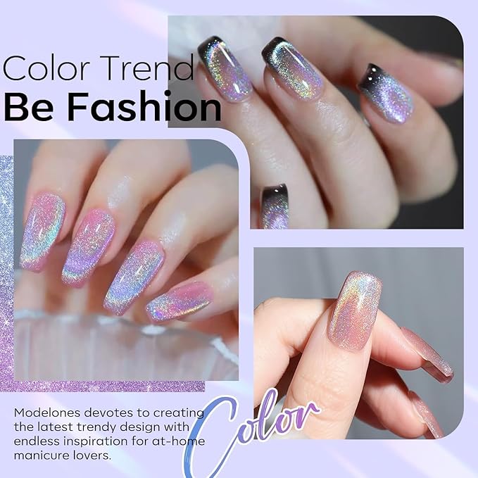 modelones Cat Eye Rainbow Gel Nail Polish Silver Glitter Holographic Glass 9D Cat Eye Gel Polish with Magnet Stick Soak Off U V Nail Lamp Summer Nail Art Top Coat Manicure Salon DIY Home 15 ML