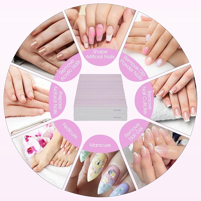 100/180 Grit Nail Files, 100 Pcs Double Sided Emery Boards, Professional Reusable Washable Manicure Tools for Acrylic, Gel, Natural Nails, Home and Salon Use, Grey