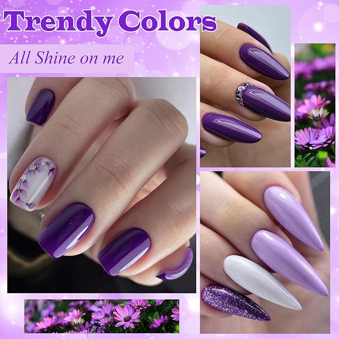 MEET ACROSS 12pcs Gel Nail Polish Set,Soak Off UV LED Lamp Gel Nail Polish Kit,Fashion Shimmer Nail Art Design Gifts for Women Manicure Salon (Purple)