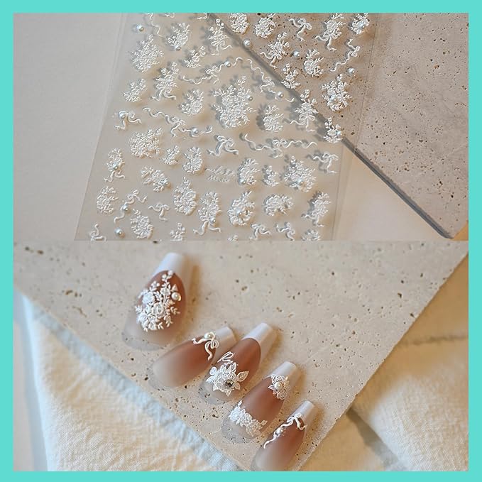 White Rose Flower Nail Art Stickers, Rhinestones Pearl Nail Decals, Self-Adhesive, Nail Accessories for Women, Nail Decorations 3 Sheets