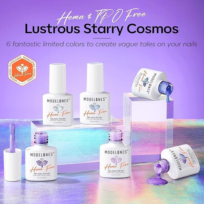 modelones Gel Nail Polish Set, 6 Colors White Blue Shimmer Violet Mermaid Hema Free Purple Glitter Periwinkle Nails Soak Off Led Nail Gel Polish for Women Girl DIY Spring Nail Art Gift