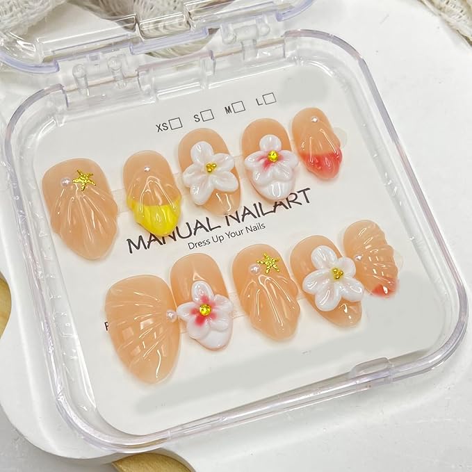 Handmade Press on Nails Rhinestones Press on Nails French Tip Short Almond Fake Nails with 3D Flower Fake Nails Full Cover Design False Nails Reusable Acrylic Nails for Women Art Manicure (Size S)
