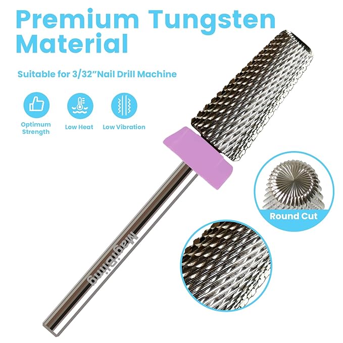 6.6mm Large Tapered Barrel 5-in-1 Nail Drill Bit, 3/32" Cross Cut Tungsten Carbide Efile Bit for Fast Gel & Acrylic Removal, Two-Way Rotation, Professional Nail Tech & Beginner Bit, Double Fine.