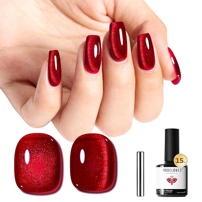 modelones Red Cat Eye Gel Polish Burgundy Red Gel Polish Magnetic Glitter Holographic Ruby Red Gel Nail Polish Valentine Reflective Jelly UV Gel 15 ML