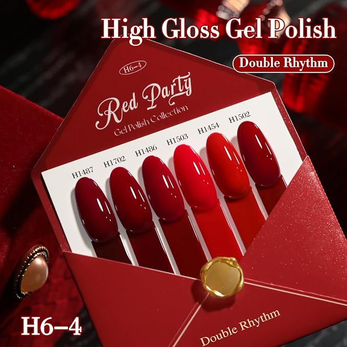 Double Rhythm 6 Pcs Hema Free Gel Polish Set 0.50 OZ Same Color Same Bottle Soak Off Neutral Natural Milky Gel Polish Kit Nail Art Manicure Salon (Shimmer Cherry Red Burgundy-H6-4)