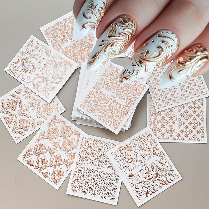 30 Sheets Rose Gold Nail Art Stickers Decals, 3D Baroque Floral Design Self Adhesive Nail stickers, Gold Line Nail Art Decals for Acrylic Nails Women and Girls Nail DIY Supplies Decoration Accessories