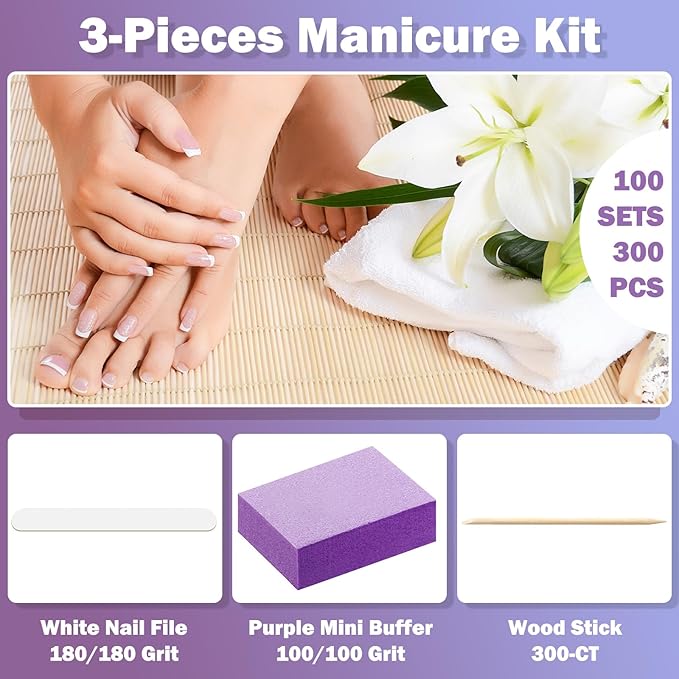 Leelosp 120 Sets Disposable Manicure Kit Basics 3 Pieces Nail Kit, White Wood Nail File 180/180 Grit, Purple Mini Buffer 100/100 Grit, Individually Packed Mini Pedicure Set for Fingernails Toenails