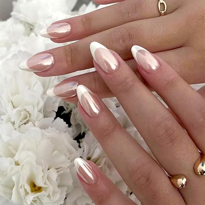 French Tip Press on Nails - Almond Fake Nails - with Designs Chrome False Nails Press ons - Medium Acrylic Glue on Nails Cute Artificial Stick on Nail for Women Manicure 24pcs