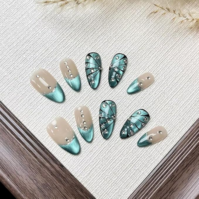 Press On Nails Medium Almond Shape False Nails, Handmade Acrylic Gel Fake Nails with Art Designs, Reusable 10 Pcs 3D Nails for Women DIY Manicure Kit