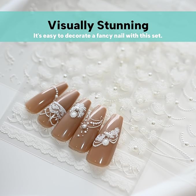 White Lace French Line Nail Art Stickers Pearl Rhinestones Embossed French Line Nail Decals for Nail Art Design Self-Adhesive Nail Accessories for Women Nail Art Supplies 3 Sheets