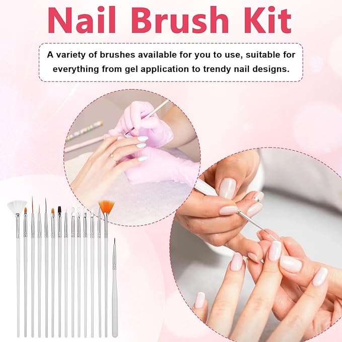 Nail Art Tools Set, 15Pcs Nail Art Brushes White Gel Brush Purple Color Palette Polish Mixing Plate Acrylic Stands for Painting 5Pcs Double-Ended Dotting Pen Design Tools Kit for DIY Manicure