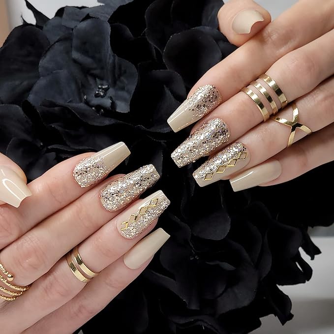 Hypnaughty 24 Pcs Vegas Gold and Nude Luxury Coffin Press On Fake Nails with Glitter Design and Glue Ombre Glitter Long Medium Long False Nails Full Cover Acrylic Nails (Vegas)