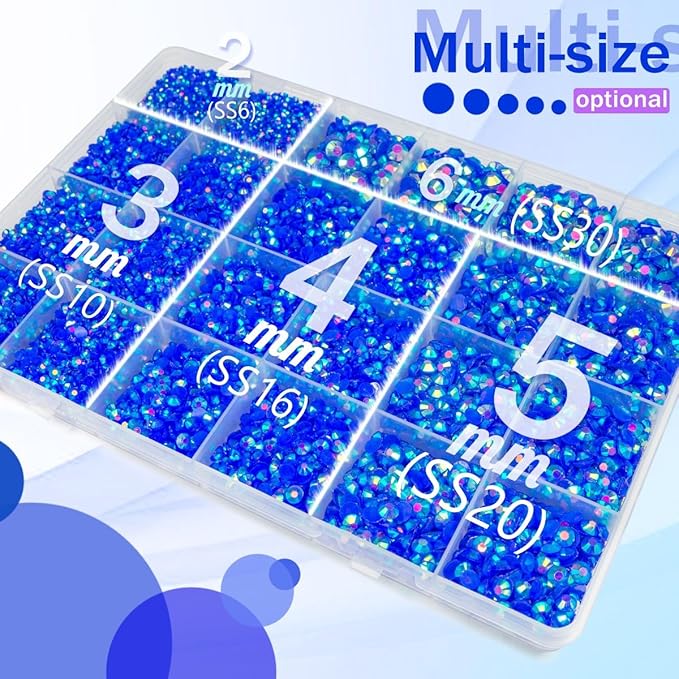Royal Blue AB Resin Rhinestones w B7000 Glue for Bedazzling Crafting 2-6mm Dark Blue Flatback Jelly Stones Diamonds Gems Bedazzler Kit Charms for Nails Face Eyes Makeup Tumblers Bottles Crafts