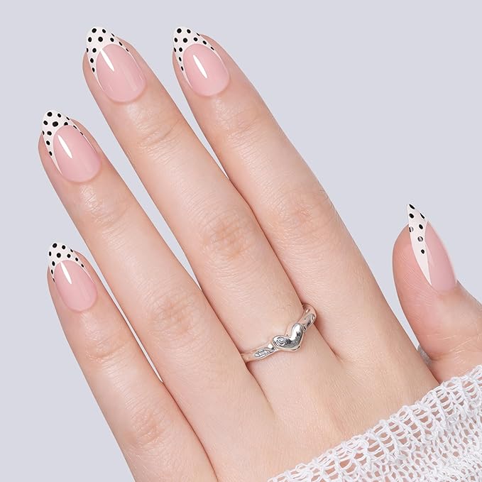 UNA GELLA 32Pcs Soft Gel Press on Nails - 16 Sizes Polka Dot French Tip Almond Glue on Nails, Reusable Nude False Nails with Black Dots, Full Cover Acrylic Nail Kit for Women DIY Home Manicure