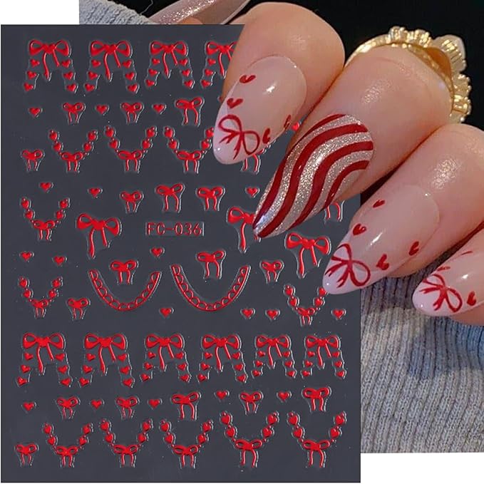 6Sheets Bow Nail Art Stickers Decals 3D Self Adhesive Cute Nail Decals Gold Silver Red Heart Bow Nail Supplies Design Valentines Nail Stickers French Tip Nail Decorations for Women DIY Manicure