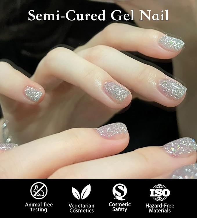 Semi Cured Gel Nail Strips - UV Light Gel Nail Stickers - 20 Long Lasting Salon Quality Wraps (Silver Queen of Frosting)