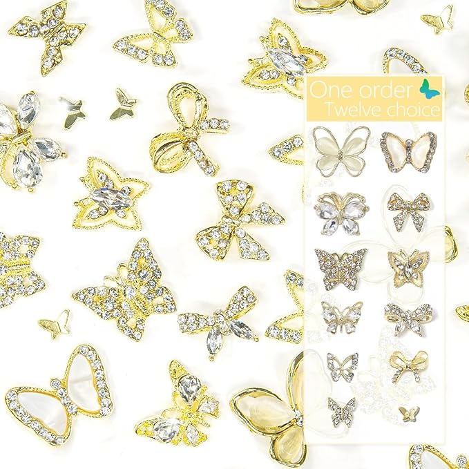 32 Pcs Butterfly Charms Gold Butterflies for Nails - Bow Crystals Diamonds Rhinestones 3D Alloy Luxury Gems - Cute Art Supplies for Acrylic Decoration Crafts DIY