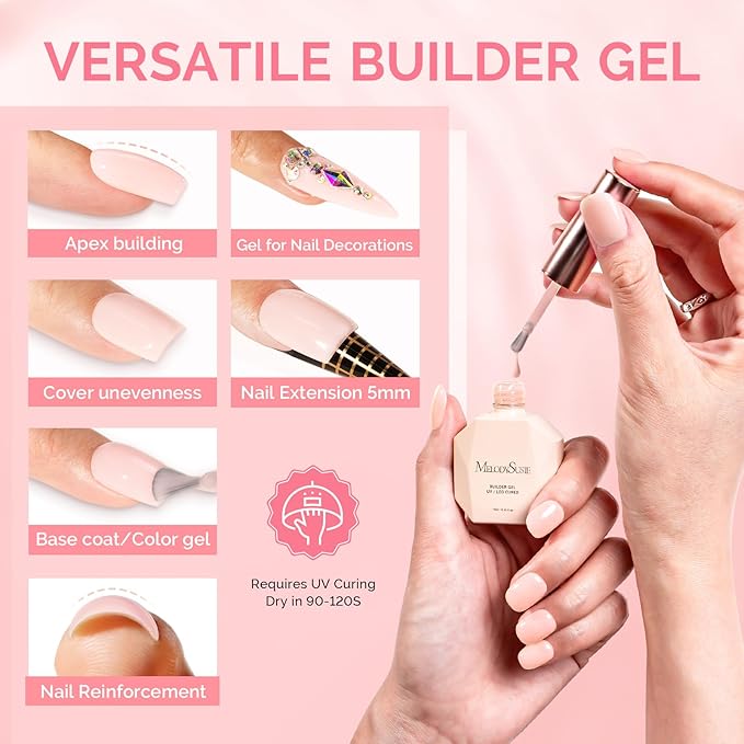 MelodySusie 2PCS 15ML Nude Builder Gel Set for Nails Thickening, Soak Off UV Extension Gel Rhinestone Glue in a Bottle for Nail Art Design Gift for Women DIY Manicure at Home 018+019