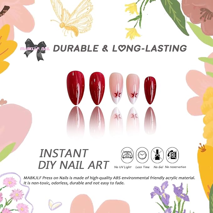 Y2K Press on Nails Medium Almond MABKJLF French Tip Fake Nails Wine Red Full Cover Red Star False Nails with Designs Glossy Glue on Nails Acrylic Nails Manicure Artificial Nails for Women Girls 24Pcs