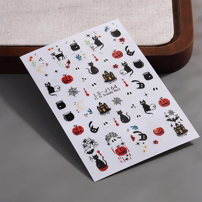 Halloween Nail Stickers for Nail Art Cute Ghost Black Cat Pumpkin Blood E3D Self-Adhesive Nail Decals Nail Art Supplies Nails Design Manicure Stickers for Nails Decoration 6Sheets