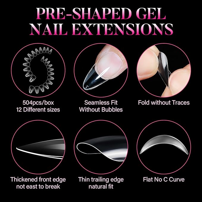 AIMEILI Medium Stiletto Nail Tips, 504pcs Half Cover Short Gel Nail Tips Clear Fake Nails for Nail Extension DIY Nail Salon, 12 Sizes