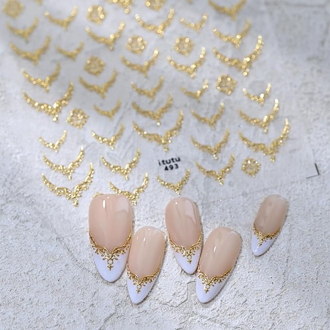 French Tip Nail Stickers for Nail Art 5D Embossed Gold Nail Stickers Metal Nail Decals Retro Gold Nails Art Design Supplies for Women Girls DIY Manicure