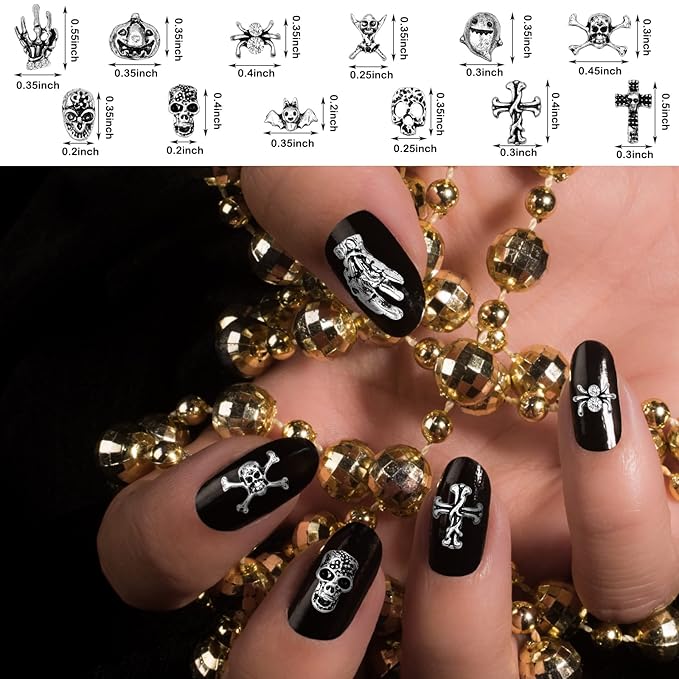 180 Pieces Halloween Nail Charms Metal 3D Vintage Skull Cross Rhinestones Ghost Bat Skeleton Nail Charms for Women DIY Halloween Supplies(Silver)