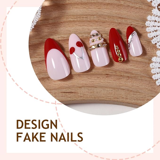 Almond Press on Nails Long Fake Nails Red Artificial Nail Cherry Stick on Nail for Women 24pcs