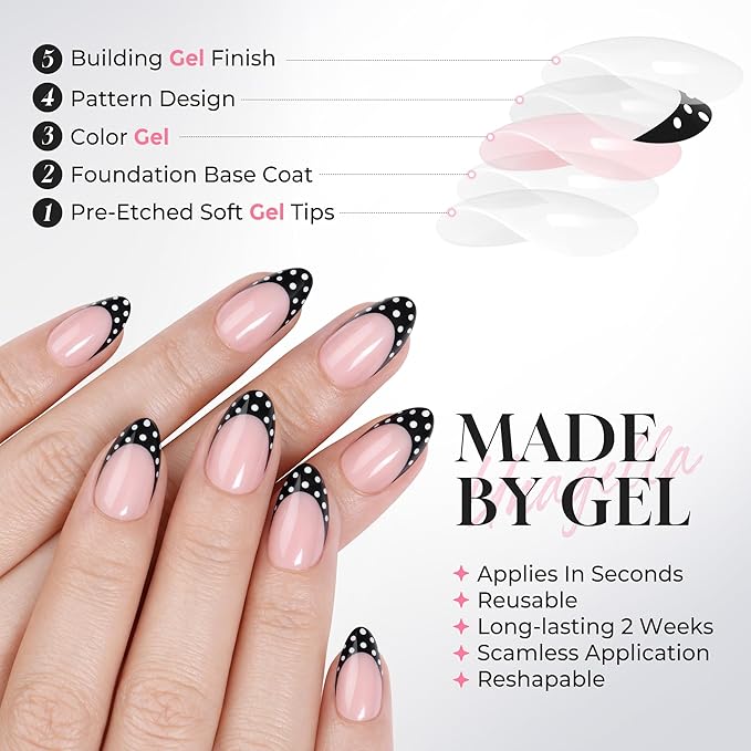 UNA GELLA 32Pcs Soft Gel Press on Nails - 16 Sizes Polka Dot French Tip Almond Glue on Nails, Reusable Nude False Nails with Black Dots, Full Cover Acrylic Nail Kit for Women DIY Home Manicure