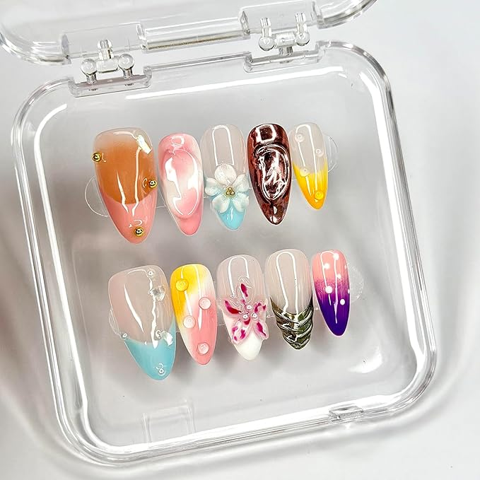 Luxury Press on Nails Medium Almond Handmade 3D Unique Reusable ABS Material Fake Nails Chrome French Tip False Nails with Designs Pearls Floral Art Petal Glossy Glue on Nails Thick Acrylic Nails(S)