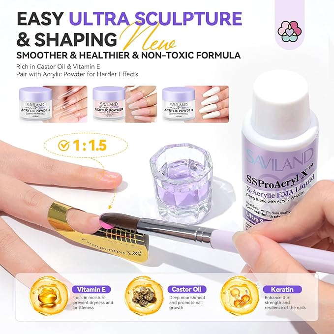 SAVILAND Nails Kit Acrylic Set: Professional Acrylic Nail Kit with Nail Tranning Mat Nail Art Brush Nail Drill Nail Polish with Dryer for Nail Extension Carving