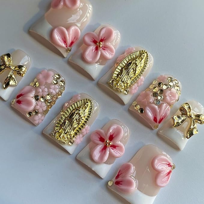 Luxury Press on Nails Short Duck Handmade 3D Unique Reusable ABS Material Fake Nails White French Tip False Nails with Designs Pink Flower Rhinestones Glossy Glue on Nail Thick Acrylic Nail(S)