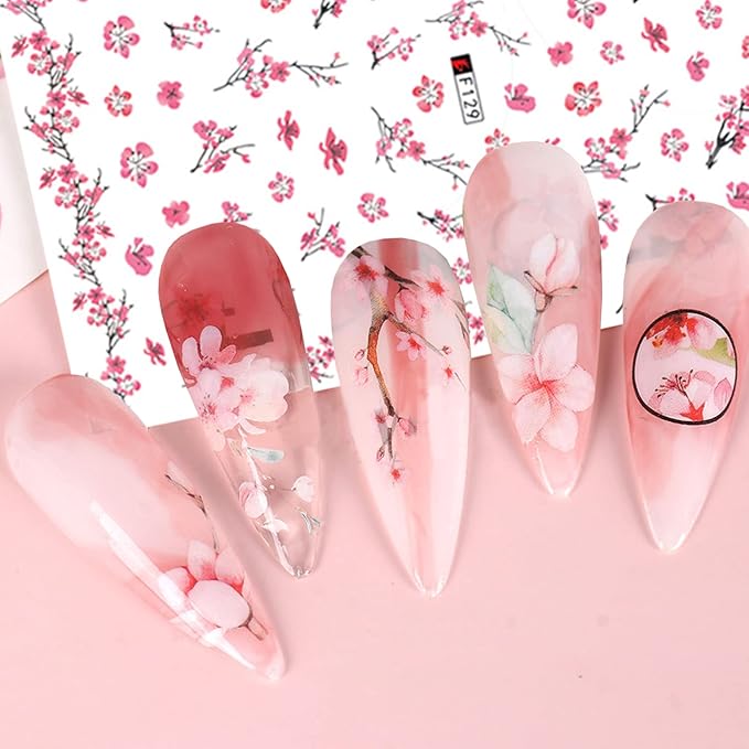 Cherry Blossom Nail Stickers, 3D Pink Flowers Nail Self-Adhesive Sticker Designs, Spring Red Plum Peach Leaf Dry Floral Nail Decals Supplies for Women DIY Manicure Flower Nail Decorations